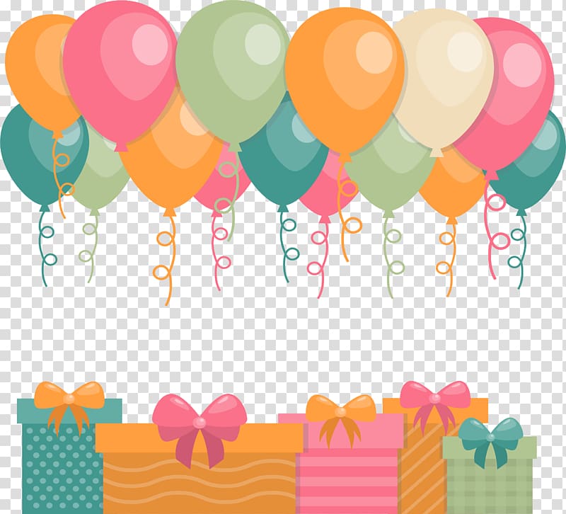 assorted-color balloons and gift boxes illustration, Balloon Party Gift Birthday, Carnival party decorations transparent background PNG clipart