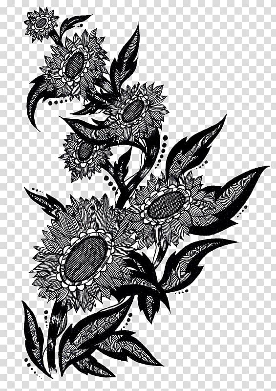 Black and white Chinoiserie Decorative arts, Chinese Art Deco style black and white sunflowers Figure transparent background PNG clipart