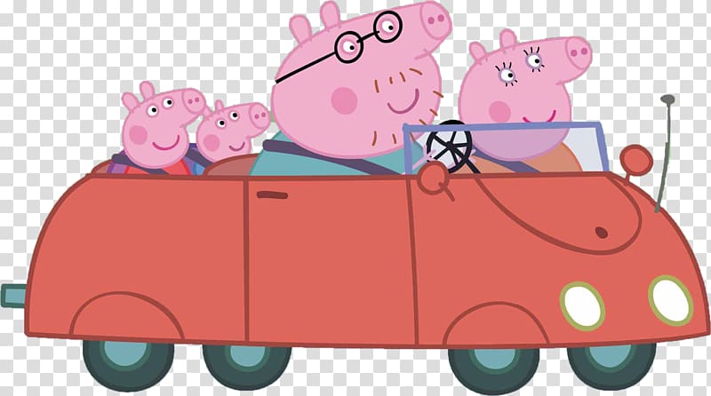 Peppa Pig family in red car illustration, Daddy Pig George Pig Mummy Pig, pig transparent background PNG clipart