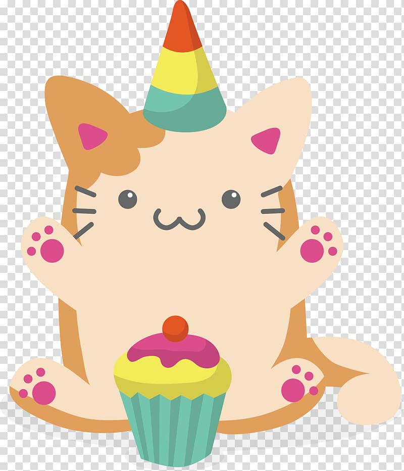 white and brown cat and cupcake illustration, Lovely cat for birthday transparent background PNG clipart