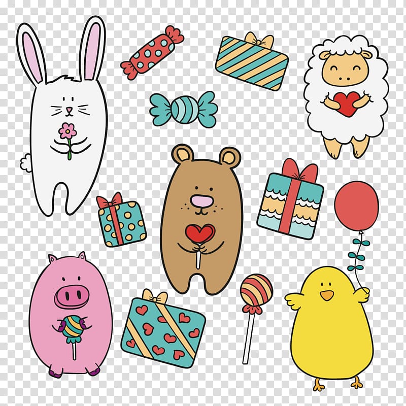 Cartoon Drawing Illustration, Cartoon animals and gifts transparent background PNG clipart