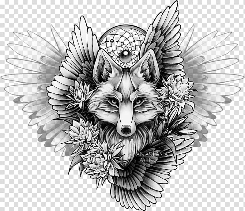 gray wolf with feather , Sleeve tattoo Drawing Fox Sketch, skull viking transparent background PNG clipart