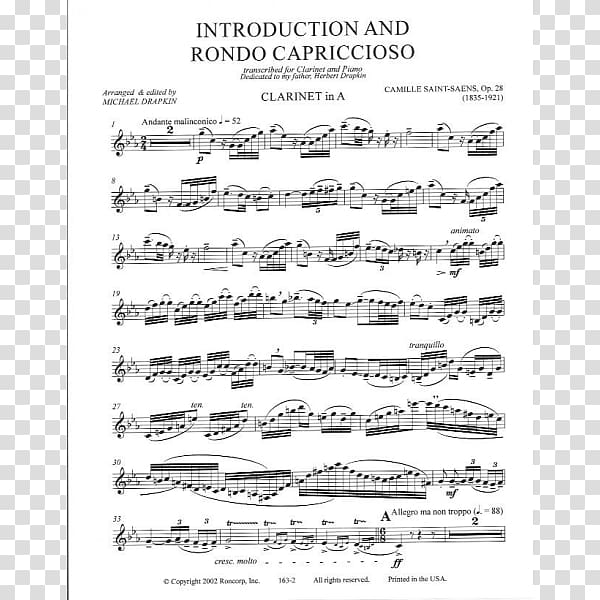 Introduction and Rondo Capriccioso Orchestra Sheet Music Clarinet, bass clarinet transparent background PNG clipart