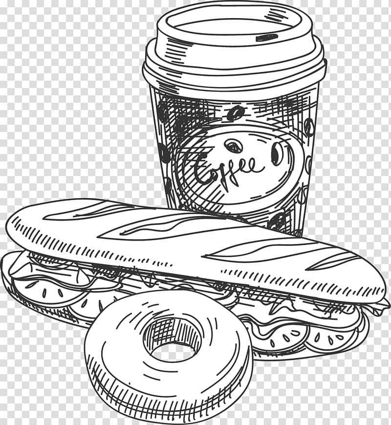 banquet bread, doughnut, and coffee cup sketch, Hot dog Coffee Doughnut Fast food Cafe, Hand-painted coffee hot dog snack food donut line art transparent background PNG clipart