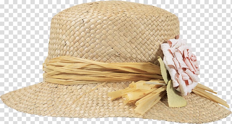 brown straw hat with pink flower accent, Straw hat Headgear , straw hat transparent background PNG clipart