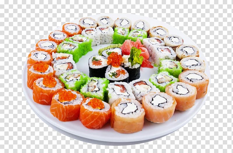 variety of sushi on ceramic plate display, Sushi Makizushi Japanese Cuisine Pizza Tempura, Multi fight sushi transparent background PNG clipart