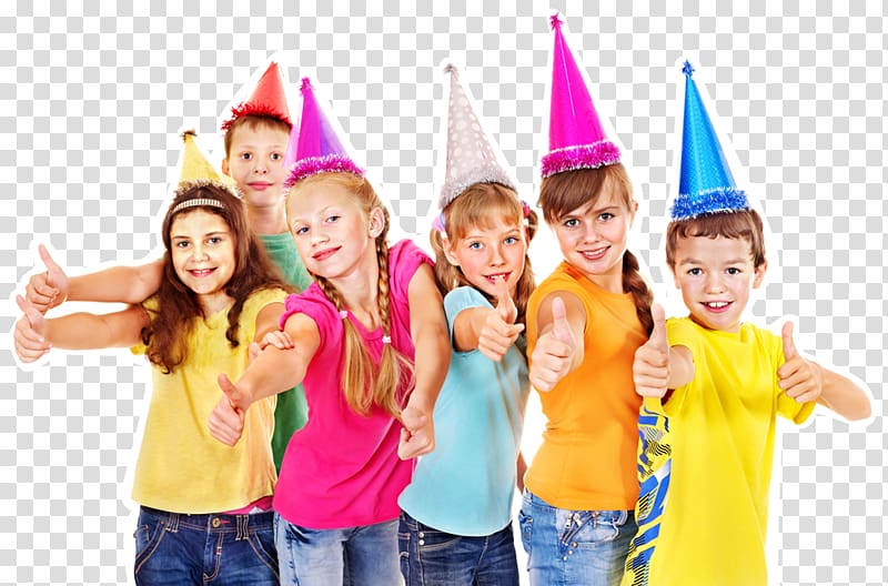 group of children showing tumb up, Party hat Birthday Children\'s party, family fun transparent background PNG clipart