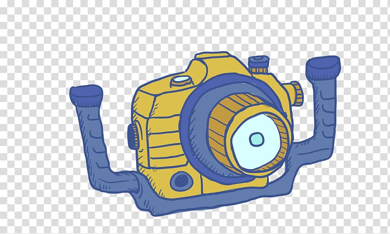 Camera, yellow blue cartoon hand drawing camera transparent background PNG clipart