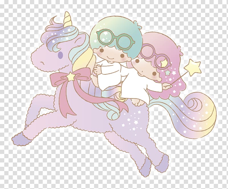 two boy and girl riding unicorn art, Little Twin Stars Sanrio Glasses, Little twin stars transparent background PNG clipart