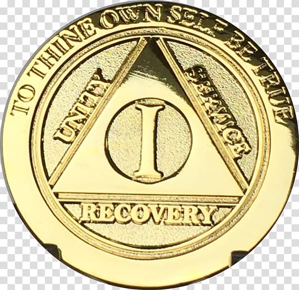 Gold Medal Alcoholics Anonymous Sobriety coin Serenity Prayer, gold transparent background PNG clipart