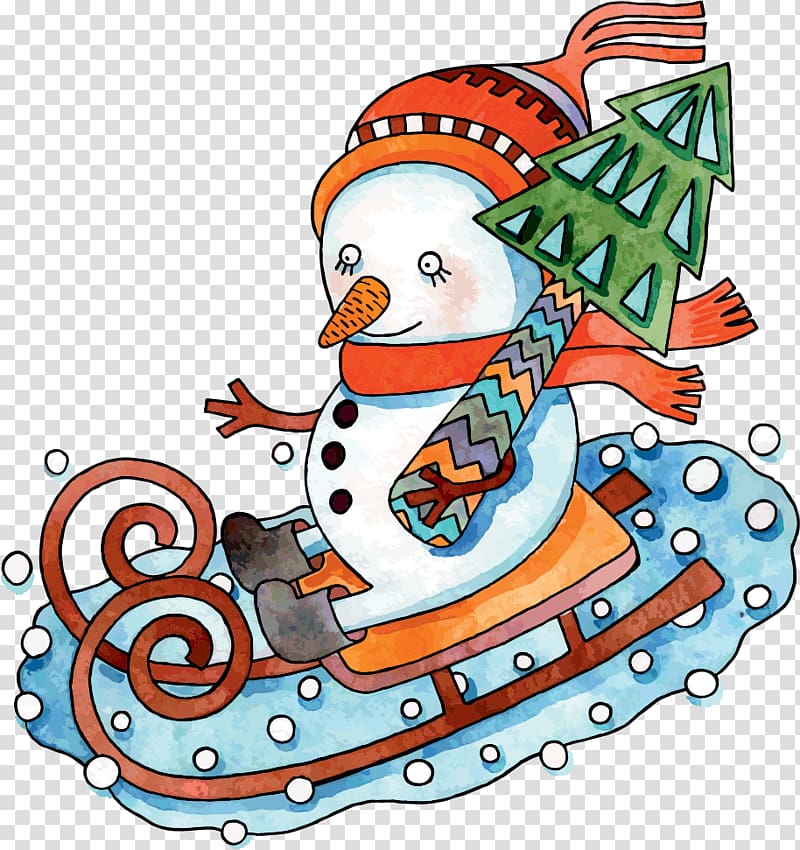 Sledding snowman with a scarf transparent background PNG clipart