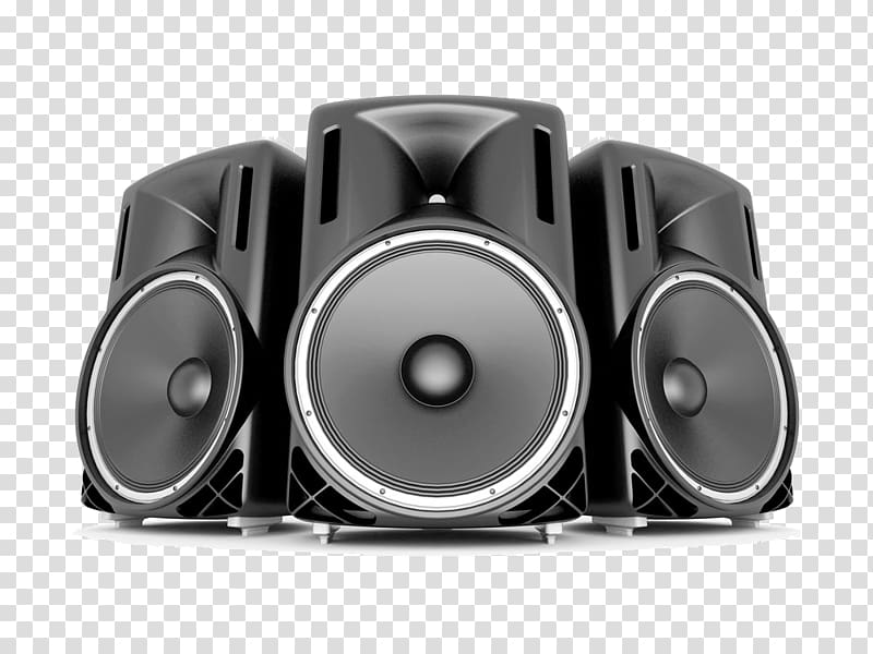 Loudspeaker enclosure Stereophonic sound Amplifier Subwoofer, Music speakers, three black speakers transparent background PNG clipart