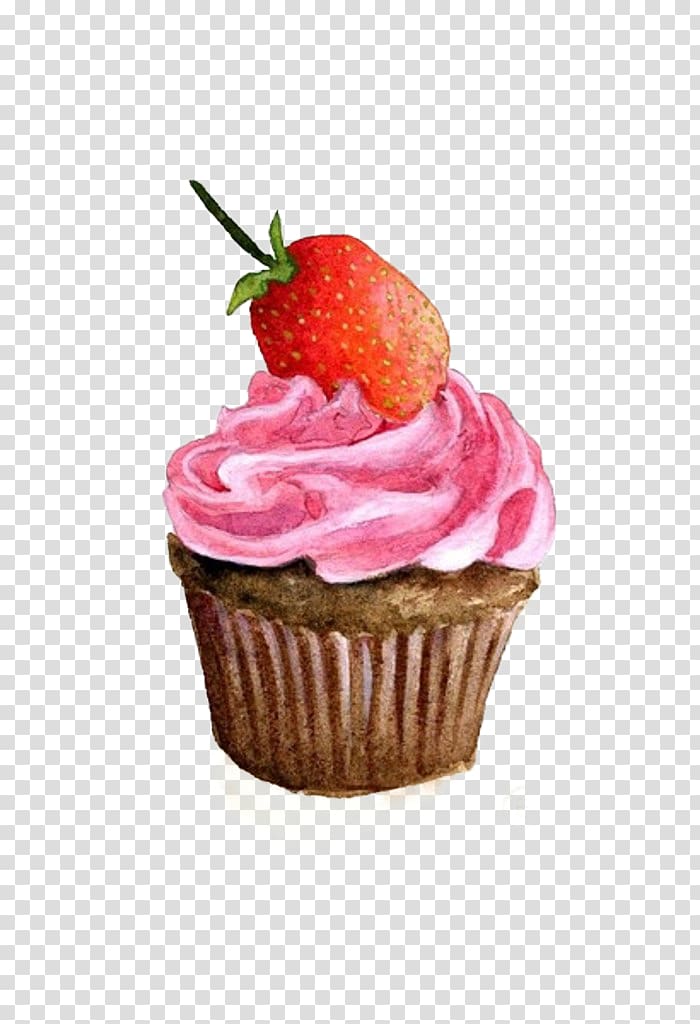 chocolate cupcake with frosting and strawberry topping illustration, Cupcake Watercolor painting, Small hand-painted strawberry chocolate cupcakes transparent background PNG clipart