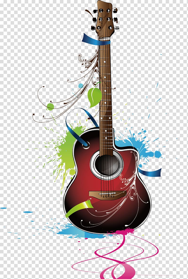 Guitar Musical instrument, Instruments Guitar elements, red, brown, and black cutaway acoustic guitar illustration transparent background PNG clipart