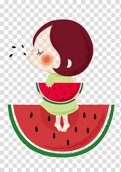 brown-haired female illustration, Watermelon Eating Summer, Watermelon cartoon character transparent background PNG clipart