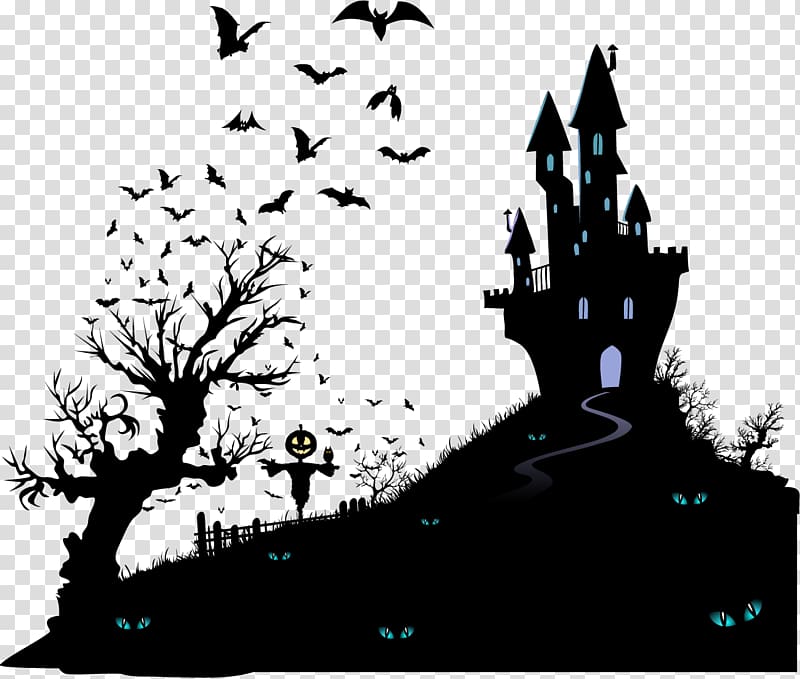 Haunted house illustration, Housewarming party Halloween Wedding invitation Moving party, black silhouette haunted house transparent background PNG clipart