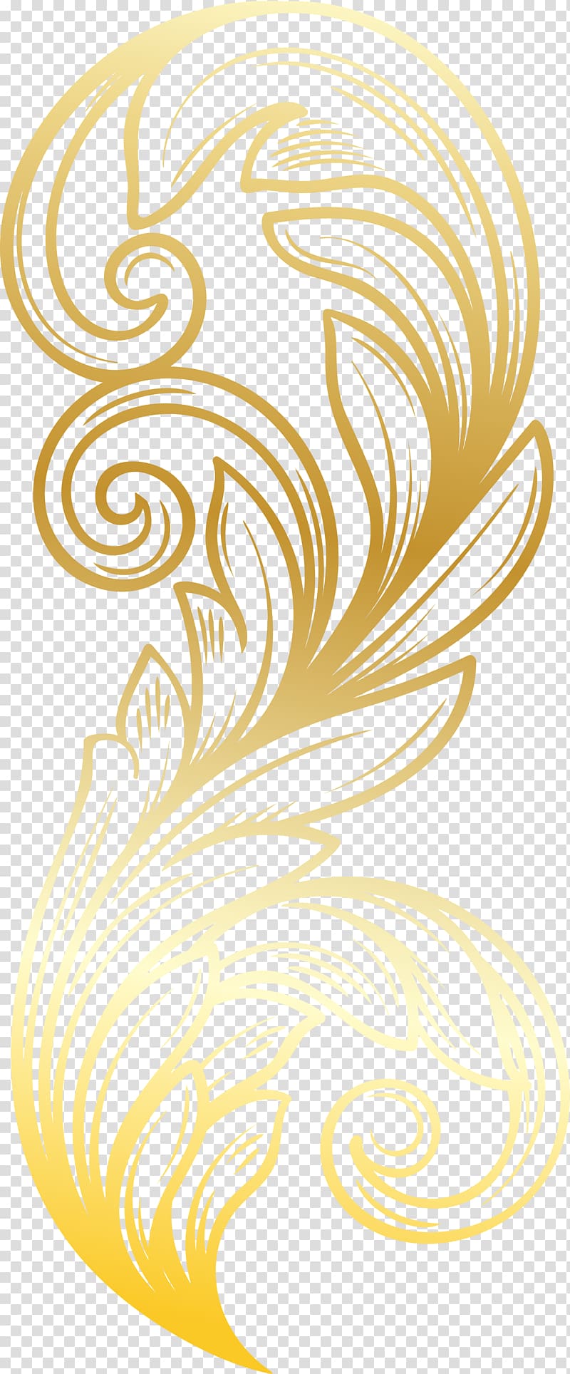 gold floral illustration, Feather Gold, Golden feather transparent background PNG clipart