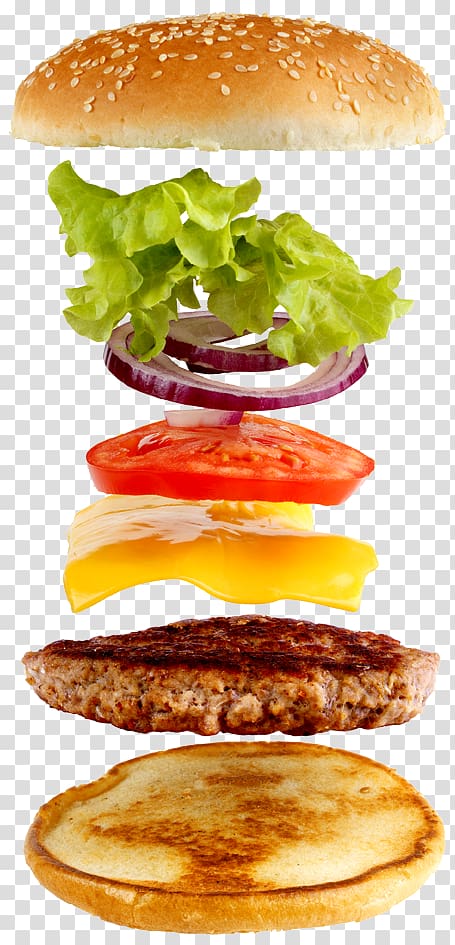burger bun with lettuce, onion, tomato, cheese, and meat patty, Hamburger Fast food Burger King Fizzy Drinks French fries, burger king transparent background PNG clipart