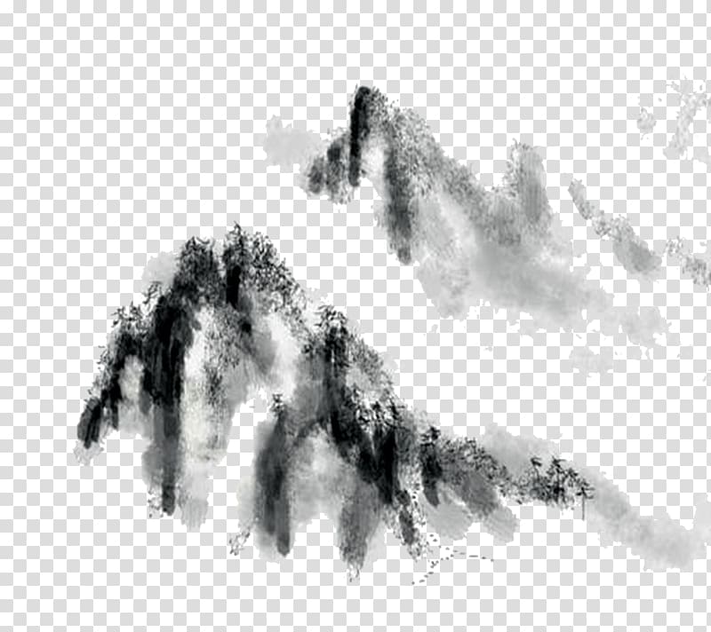 gray and black illustration, Ink wash painting Black and white , Chinese ink painting mountains transparent background PNG clipart