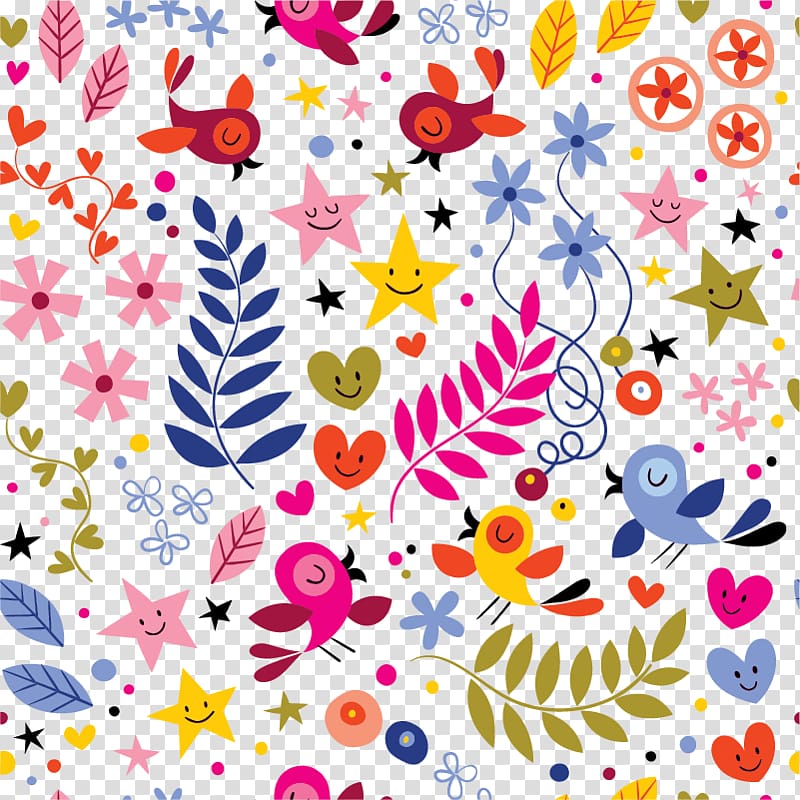 pink, yellow, blue, and red stars and flowers pattern artwork, Bird Euclidean Star Illustration, Cute cartoon seamless shading transparent background PNG clipart