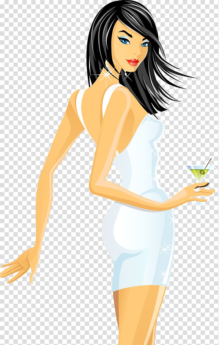 woman wearing white dress holding cocktail , Cartoon Woman Girl Illustration, Sexy girl holding a cocktail dress transparent background PNG clipart