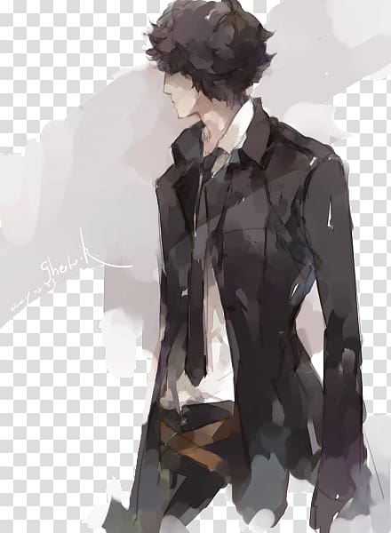 man wearing black suit illustration, Sherlock Holmes Doctor Watson Anime Fan art, Sherlock Holmes side hand painted transparent background PNG clipart