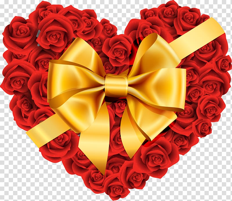 Heart Rose , Large Rose Heart with Gold Bow , heart-shaped red rose illustration transparent background PNG clipart