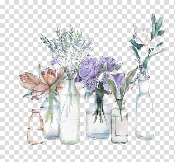 clear glass bottles with plants, Flower Vase, Watercolor vase transparent background PNG clipart