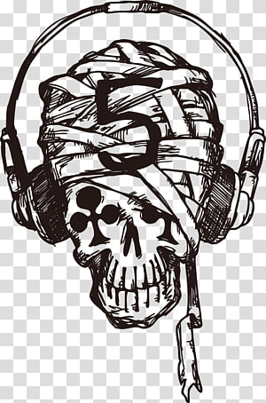 Gray skull wearing headphone, Skull, listen to music skull transparent ...