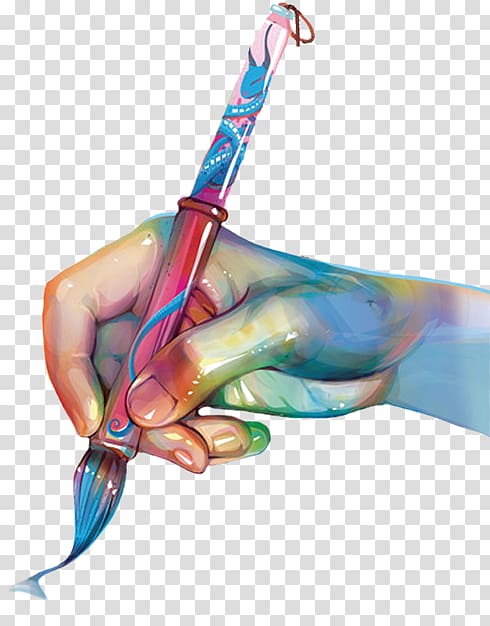 hand holding paintbrush artwork, Painting Art Illustration, Hand holding pen transparent background PNG clipart