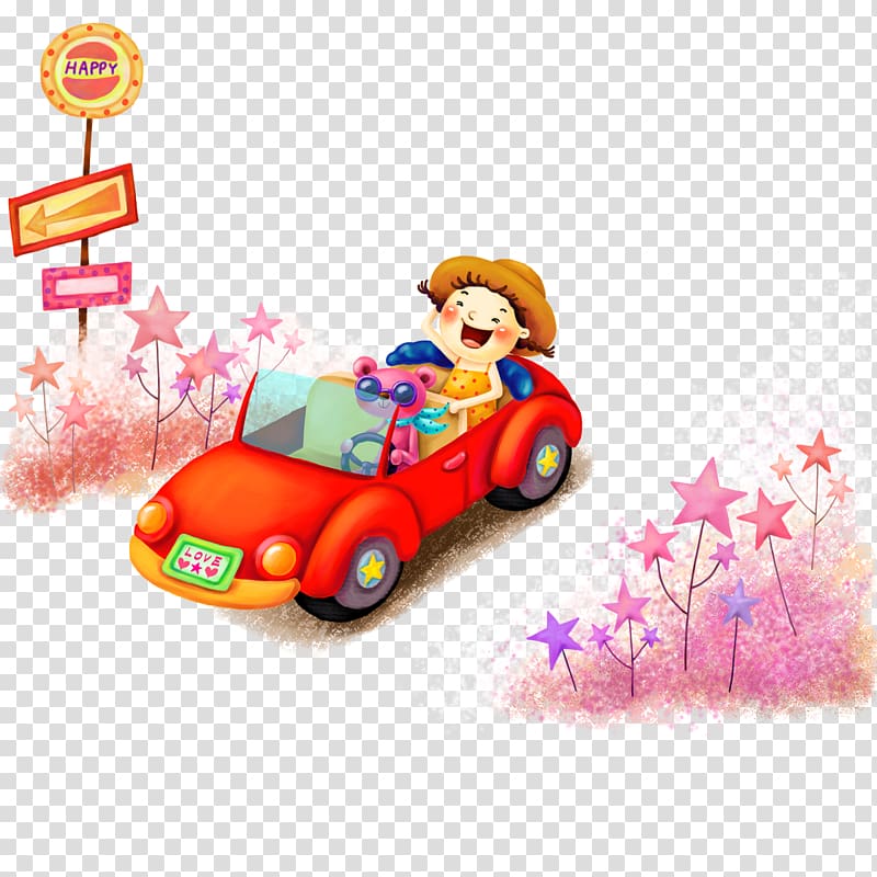 Cartoon Android Text Illustration, Bear driving a red car and girls transparent background PNG clipart