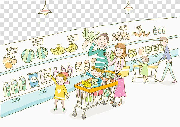 Food Cartoon Grocery store Supermarket Illustration, And parents buy food in the supermarket transparent background PNG clipart