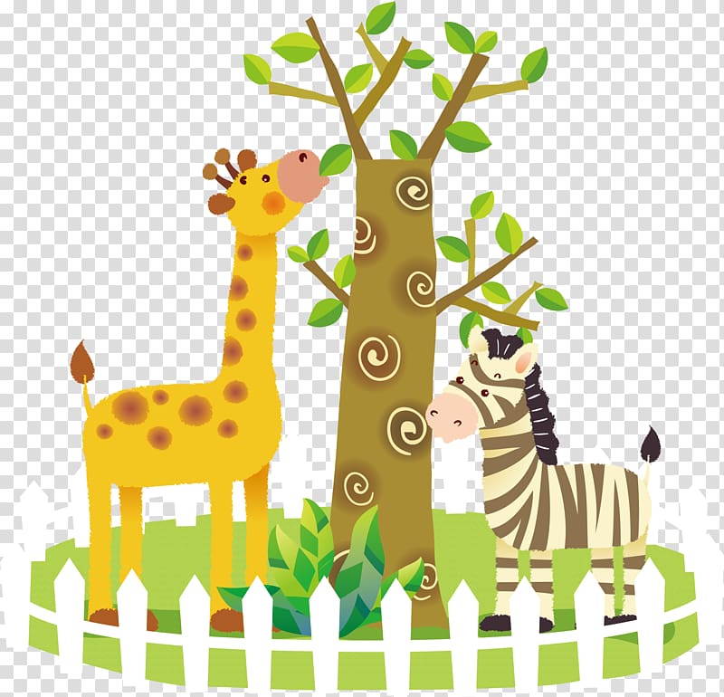 Animation Zoo, Zebra and giraffe eating leaves transparent background PNG clipart