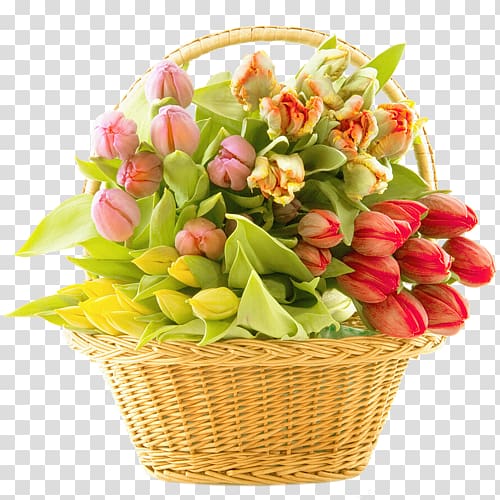basket of red, yellow, and pink tulips illustration, Basket of Flowers Flower bouquet, Bouquet flowers transparent background PNG clipart