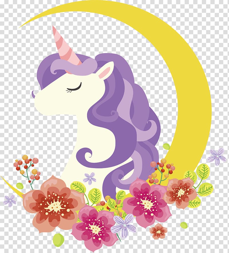 Unicorn Icon, Crescent flowers adorn the Unicorn, purple and white unicorn and flowers illustration transparent background PNG clipart
