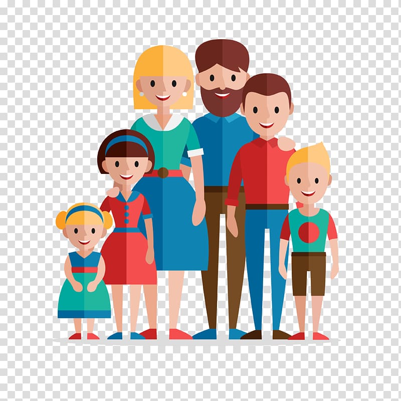 family of 6 animated , Family Home Evening Flat design Illustration, family transparent background PNG clipart