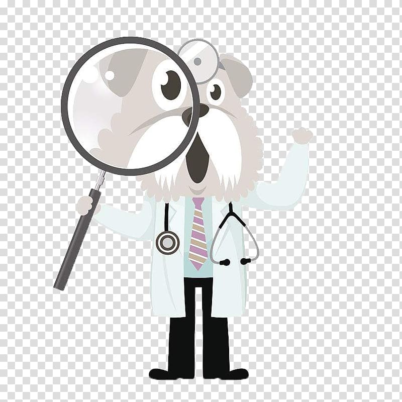 Drawing Influenza Illustration, A cartoon dog doctor with a magnifying glass transparent background PNG clipart