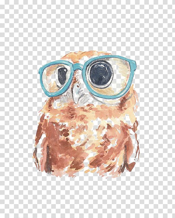 brown bird wearing eyeglasses paiting, Owl Paper Watercolor painting, owl transparent background PNG clipart