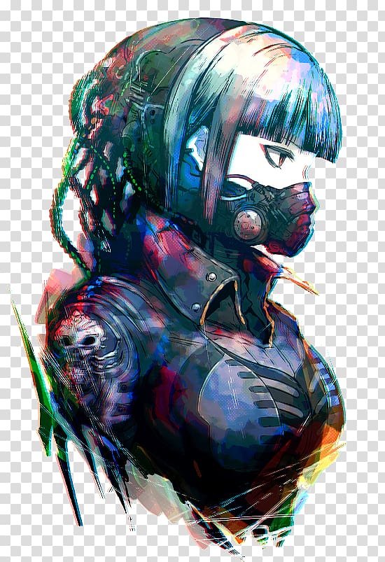 Free download Blue haired female anime illustration, Drawing Gas mask