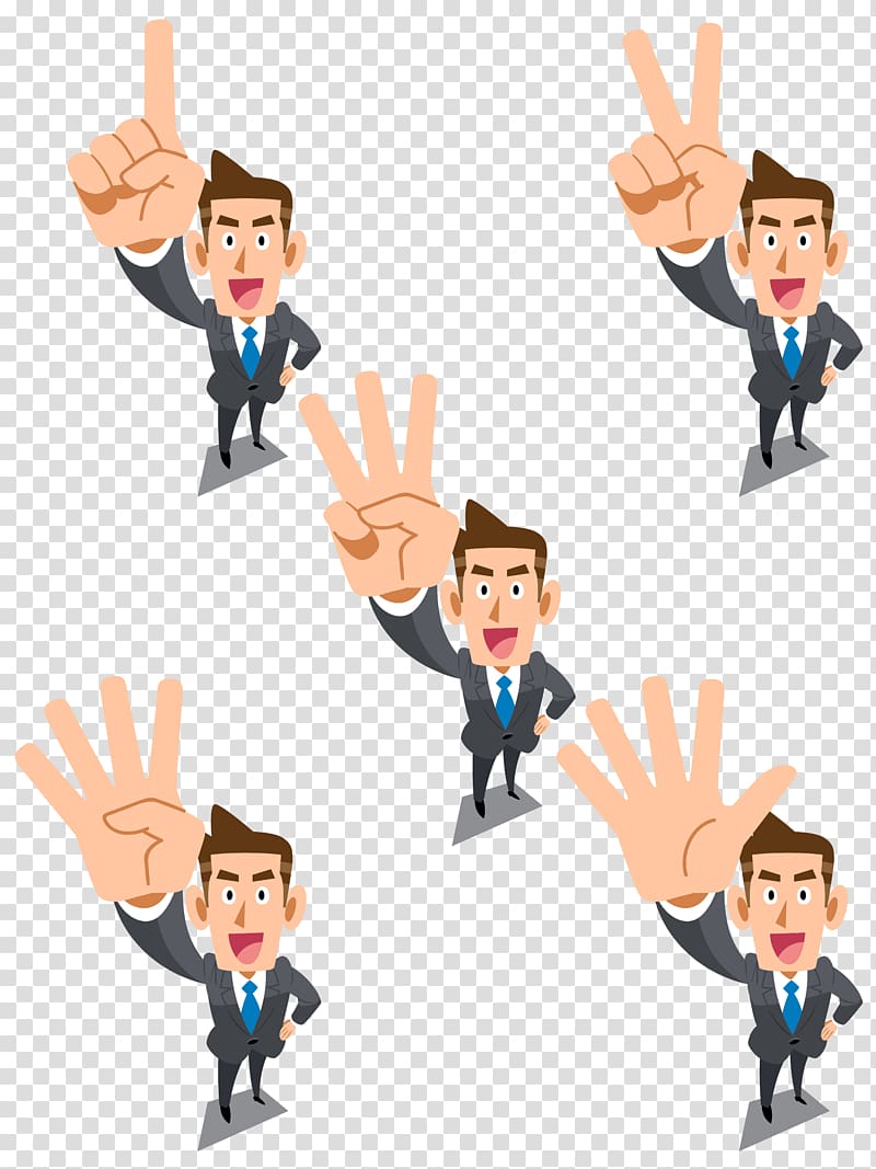 Businessperson Cartoon Illustration, White collar business people material, five men showing hands collage transparent background PNG clipart