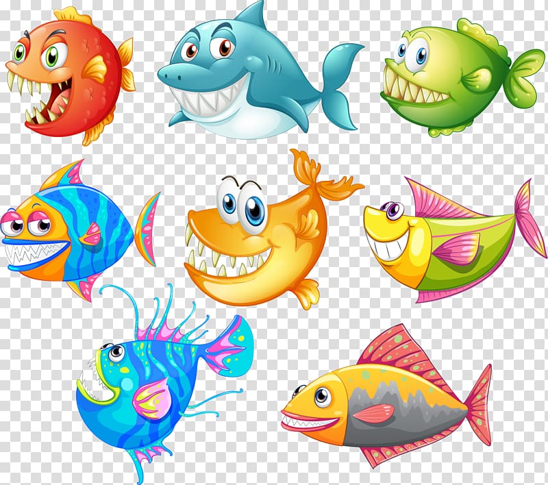 eight assorted-color fishes illustration, Shark Drawing Cartoon Fish, cartoon fish seabed creative cute shark transparent background PNG clipart