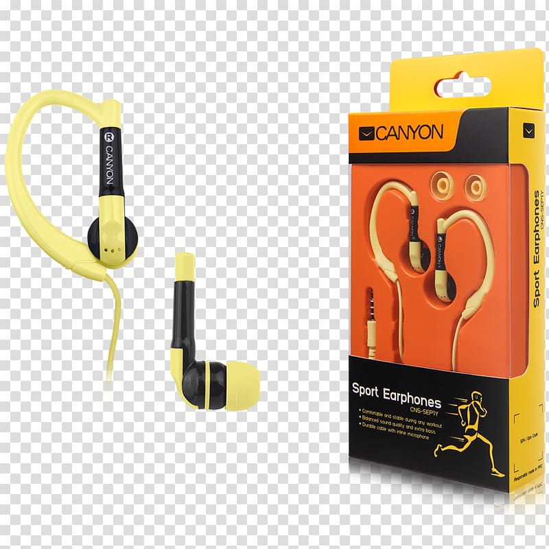 Canyon Sport Earphones Headphones Microphone Yellow Écouteur, headphones transparent background PNG clipart
