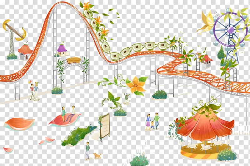 Amusement park Roller coaster Illustration, Hand drawn amusement park transparent background PNG clipart