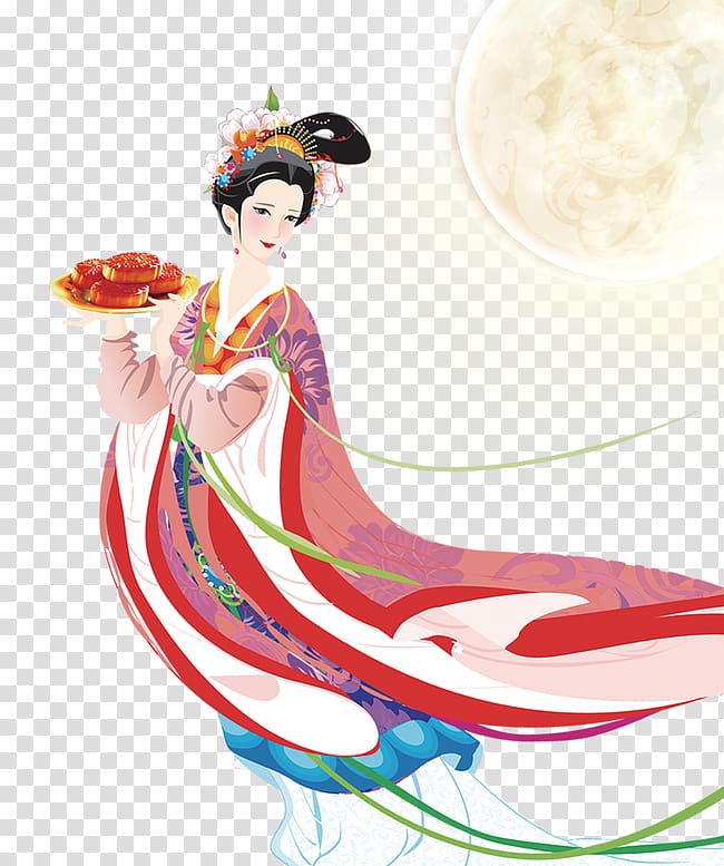 oriental woman , Mooncake Mid-Autumn Festival Change Moon rabbit, Mid-Autumn Festival moon full moon Chang E transparent background PNG clipart