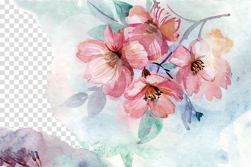 pink and white flower painting, Paper Watercolour Flowers Watercolor painting Wall decal, Hand-painted cherry transparent background PNG clipart