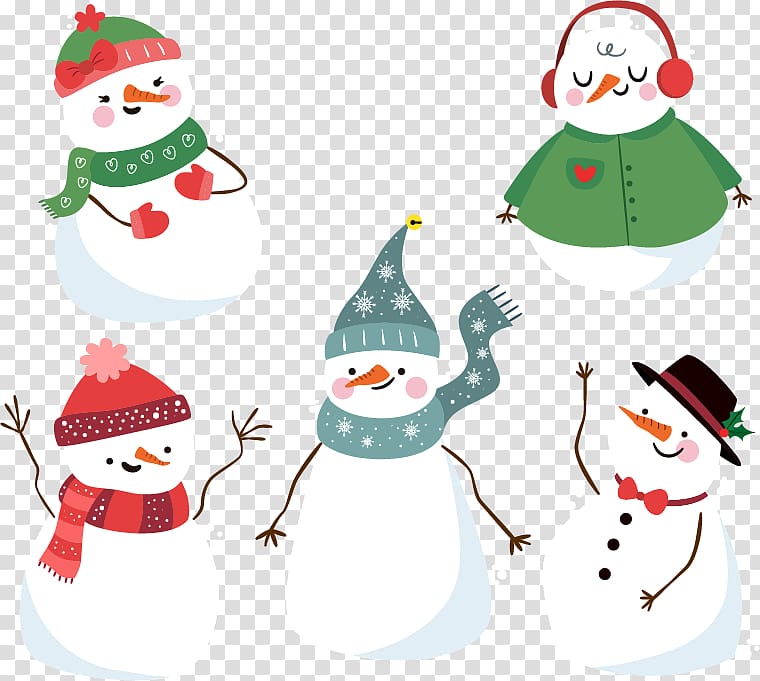 Christmas ornament Snowman Winter, Five cute Christmas snowman transparent background PNG clipart