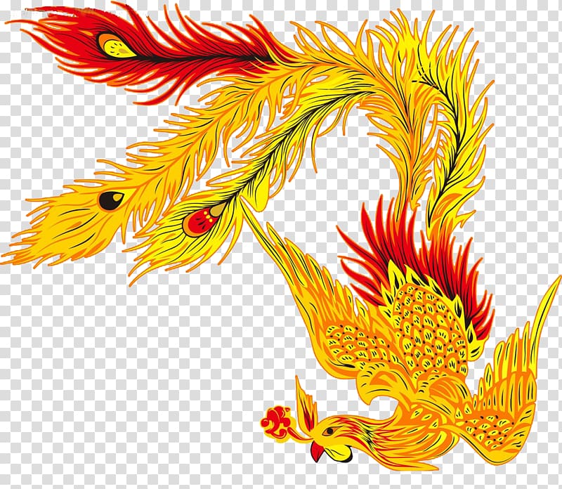 yellow and red peacock illustration, Fenghuang Budaya Tionghoa Phoenix, Noble Golden Phoenix flying transparent background PNG clipart