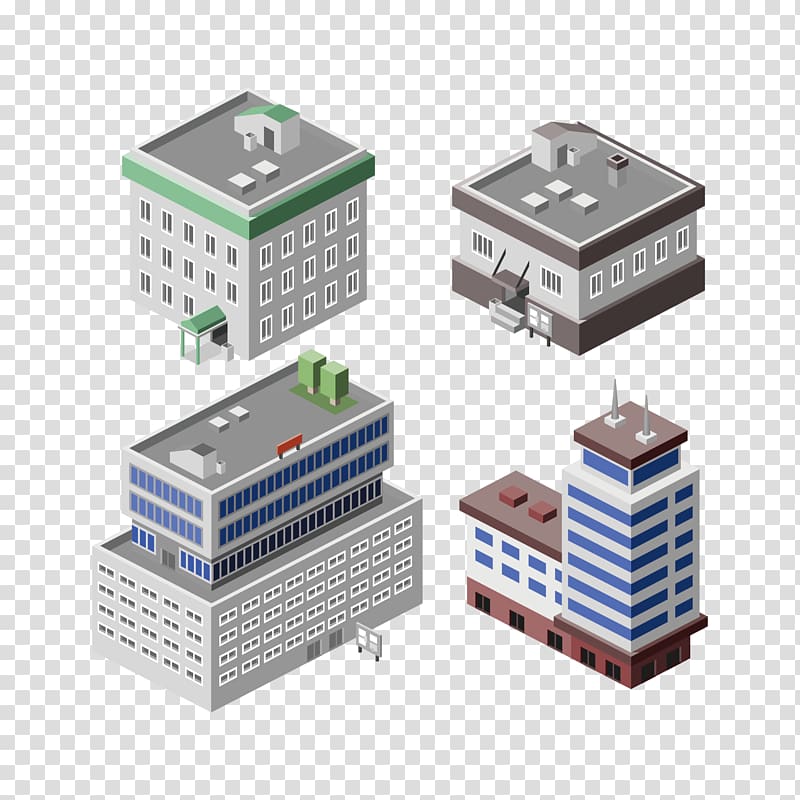 four building illustrations, Building Isometric projection Office Illustration, building transparent background PNG clipart