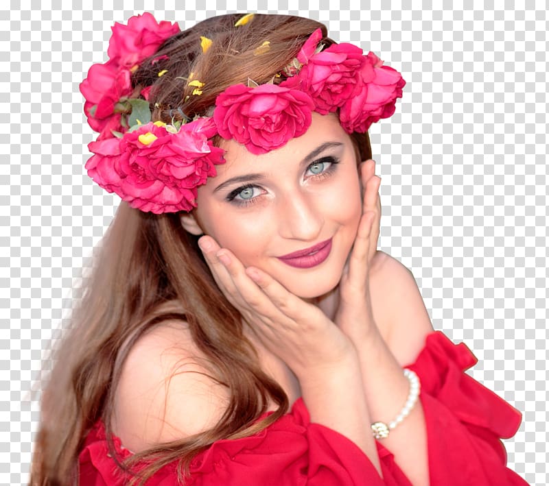 Mobile app Android editor, Woman Wearing Red Roses Wreath on Her Head transparent background PNG clipart