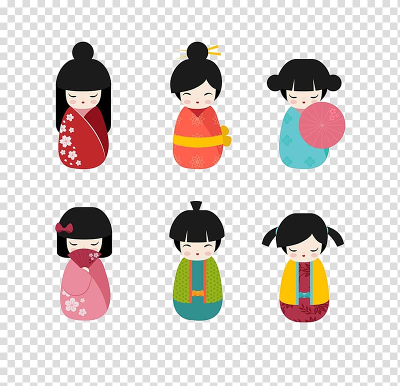 Japanese dolls Kokeshi , A variety of kimono girls cartoon transparent background PNG clipart